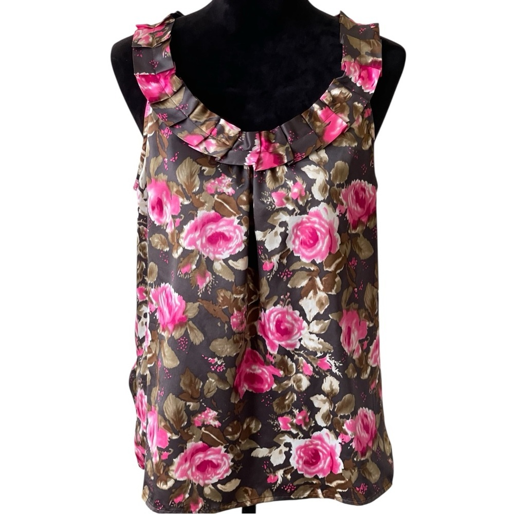 LOFT PINK & BROWN FLORAL RUFFLE TOP SZ LG